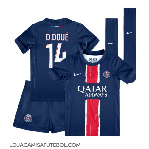 Camisa de Futebol Paris Saint-Germain Desire Doue #14 Equipamento Principal Infantil 2024-25 Manga Curta (+ Calças curtas)